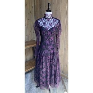 Gunne Sax Jessica McClintock 5 Dress Lace Party Cocktail Midi Purple Vintage